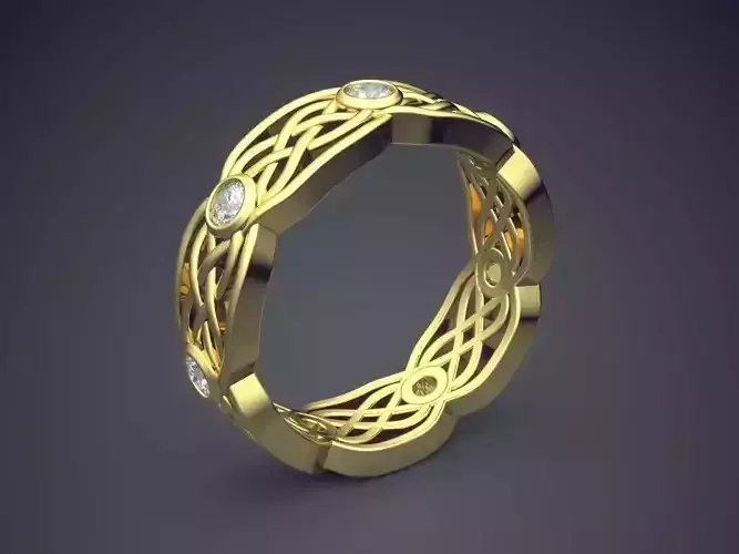 Golden Braided Lines Ring With Diamonds