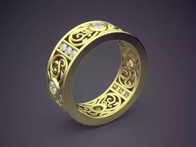 Golden Engagement Ring With Ornaments and Diamond Details