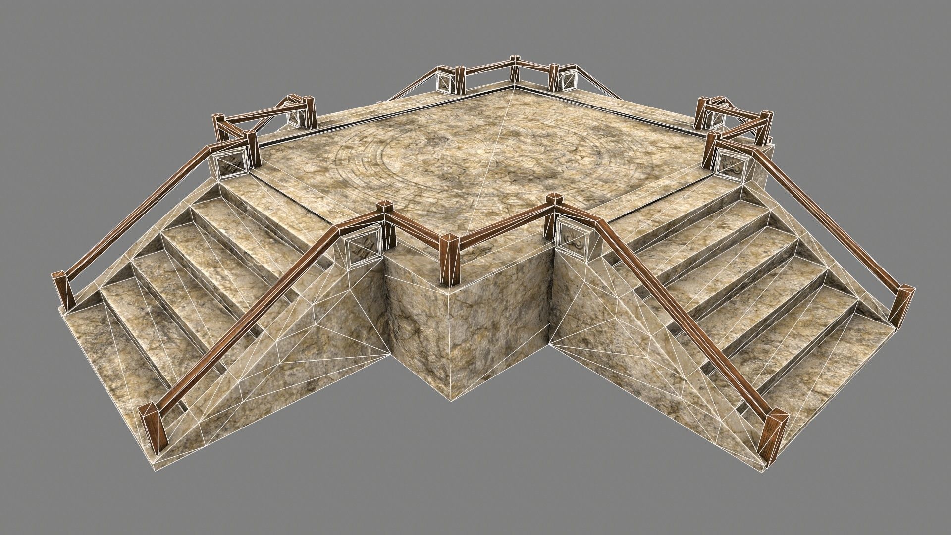 Stairs stone staircase with metal railings Low-poly 3D model_1