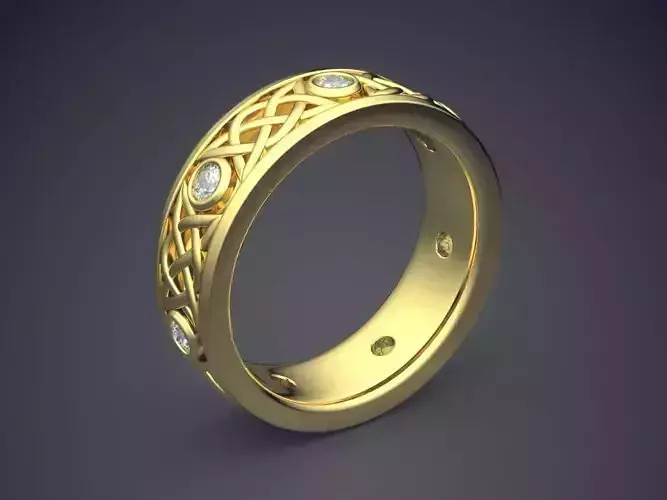 Classic Golden Engagement Ring With Carving and Diamond Details 3D print model