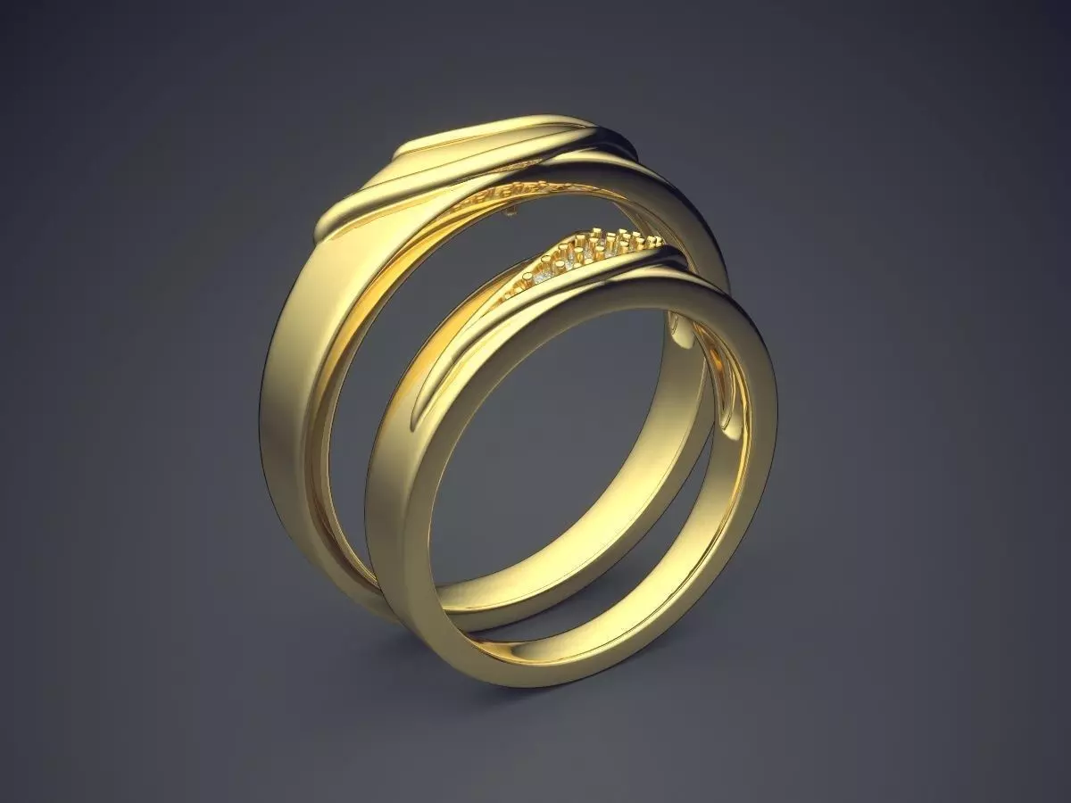 Textured Layered Golden Wedding Rings with Gems 3D print model_0