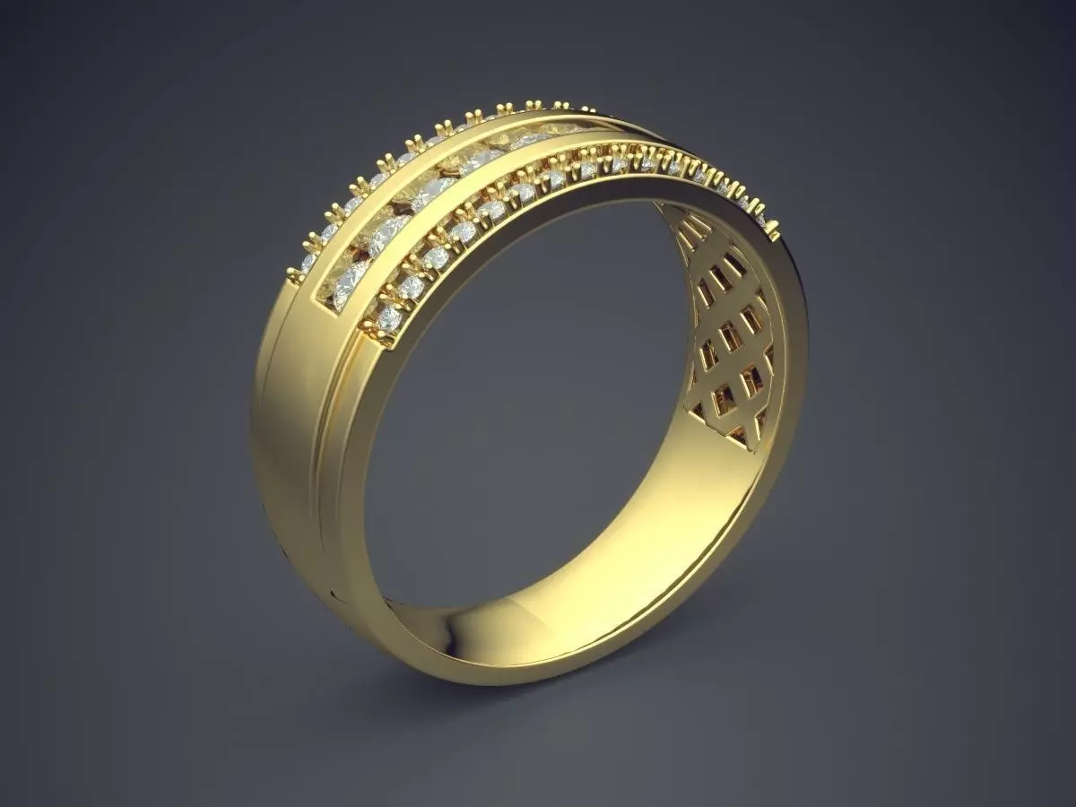Simple Golden Engagement Ring With Carving and Diamond Details 3D print model_0
