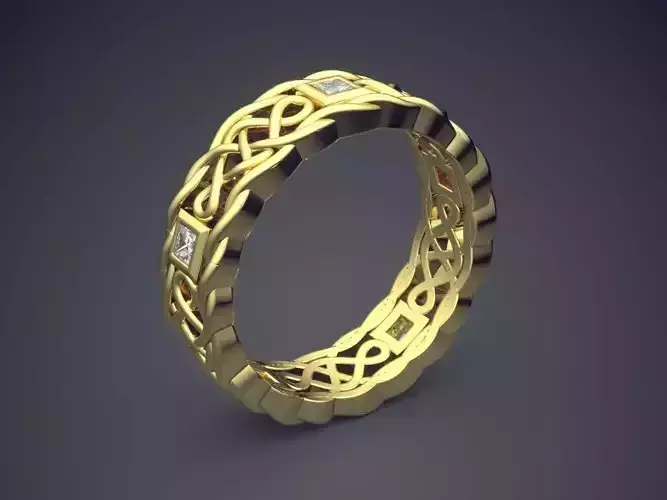 Unique Vintage Design Golden Engagement Ring with Diamonds