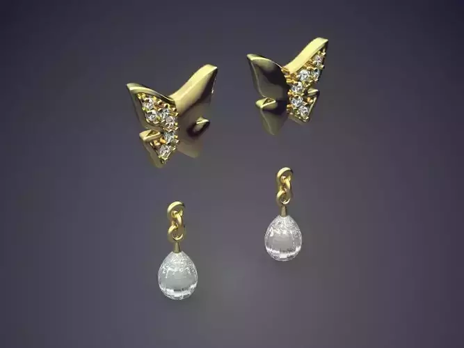 Beautiful Unique Butterfly-Shaped Golden Earrings with Gem 3D print model