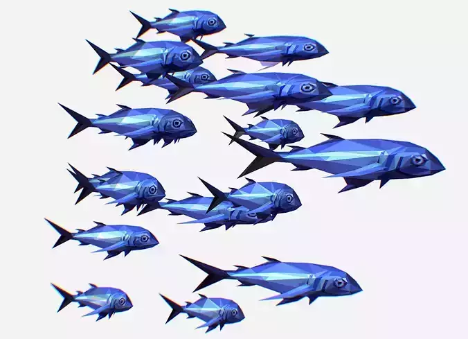 Animated Low Poly Art Flock Blue Sea Fish Low-poly 3D model