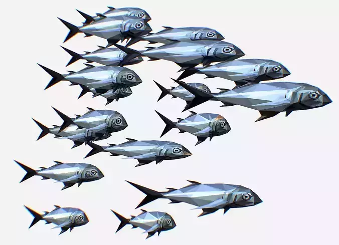 Animated Low Poly Art Flock Grey Sea Fish Low-poly 3D model