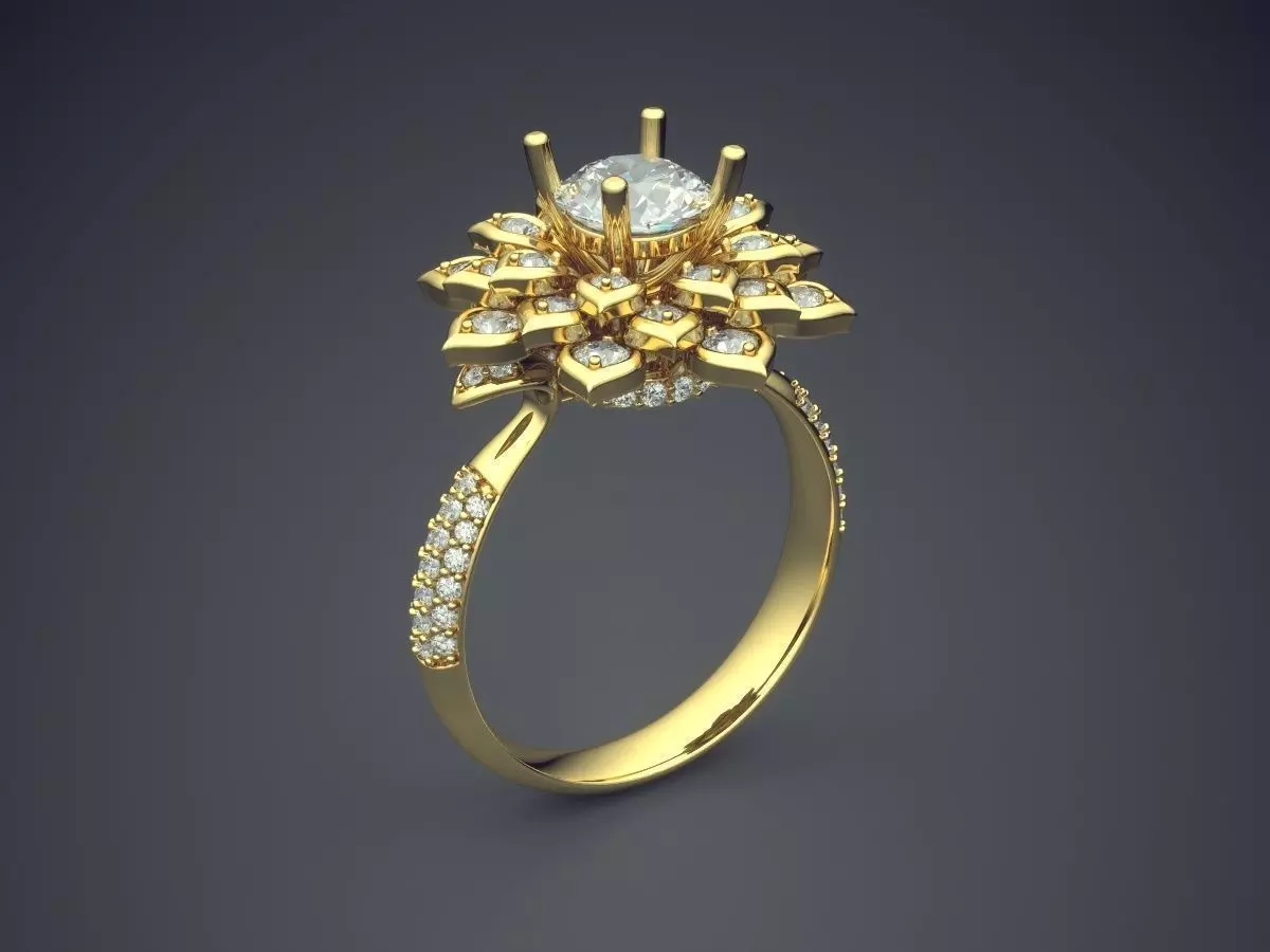 Fancy Extravagant Flower-Shaped Engagement Ring With Diamonds 3D print model