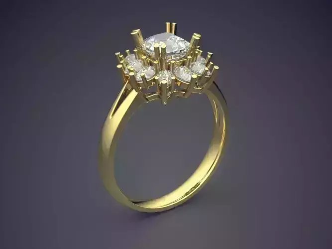 Luxurious Golden Engagement Ring With Flower-shaped Diamonds