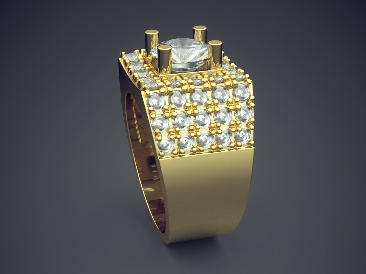 Extravagant Golden Masculine Ring With Diamonds 3D print model_3