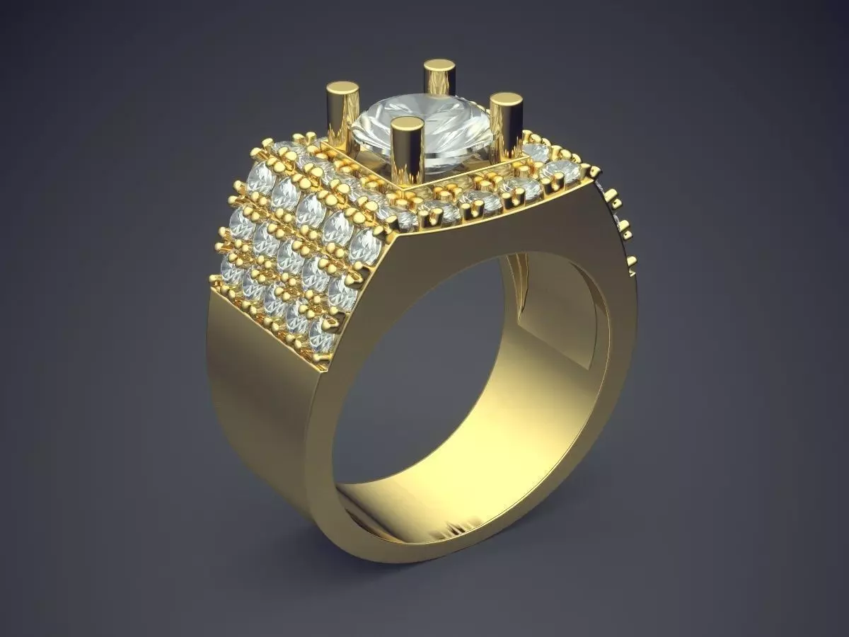 Extravagant Golden Masculine Ring With Diamonds 3D print model_0