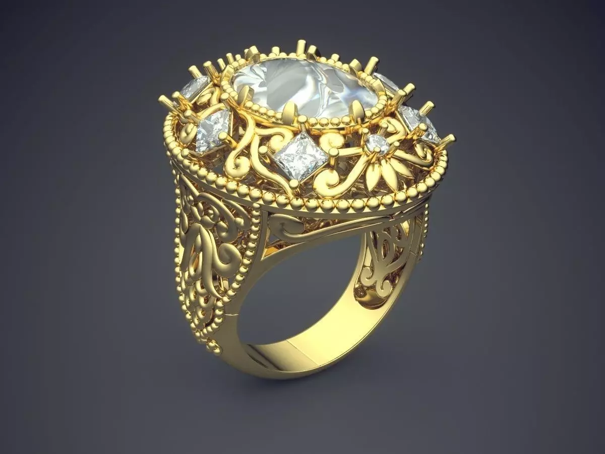 Fancy Extravagant Golden Engagement Ring With Diamonds 3D print model_0