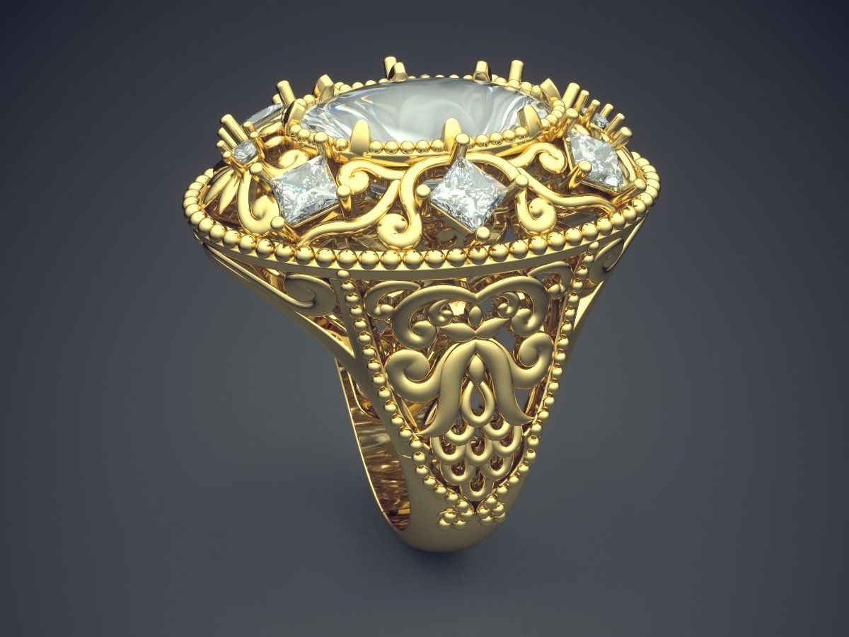 Fancy Extravagant Golden Engagement Ring With Diamonds 3D print model_3