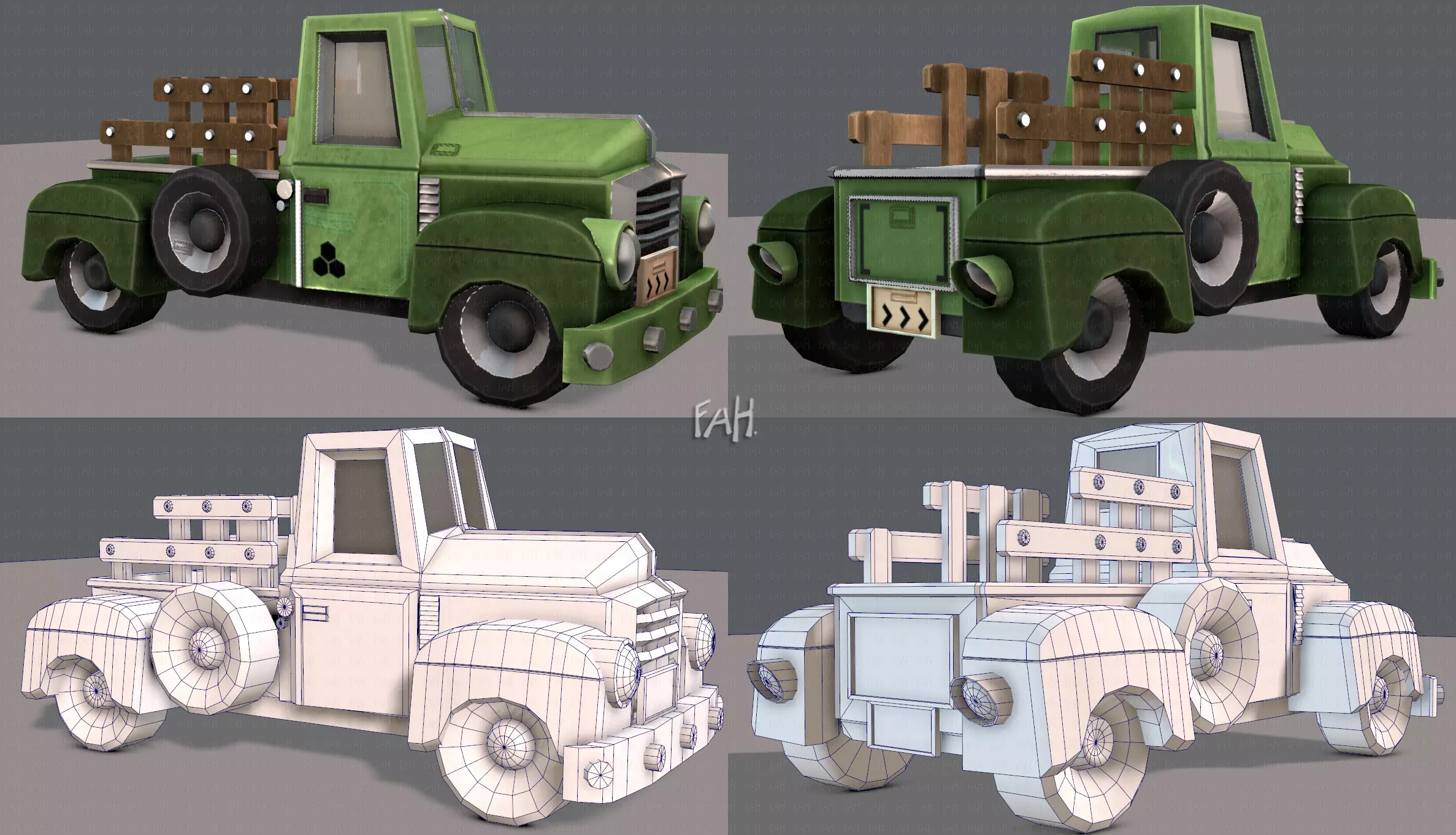 Pickup truck cartoon Low-poly 3D model_0