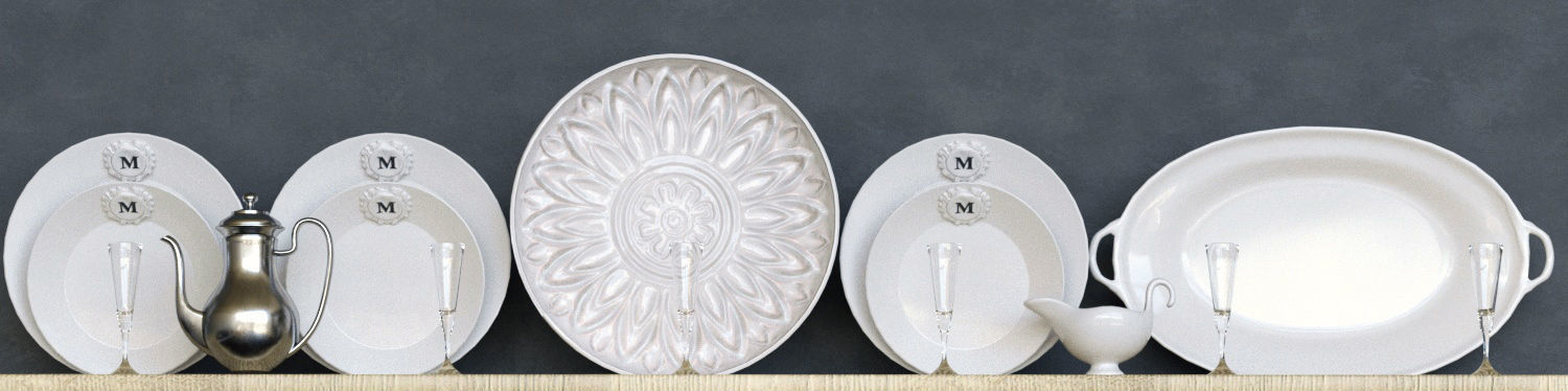 Service dishes on shelf 3D model_2