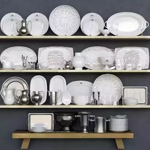 Service dishes on shelf