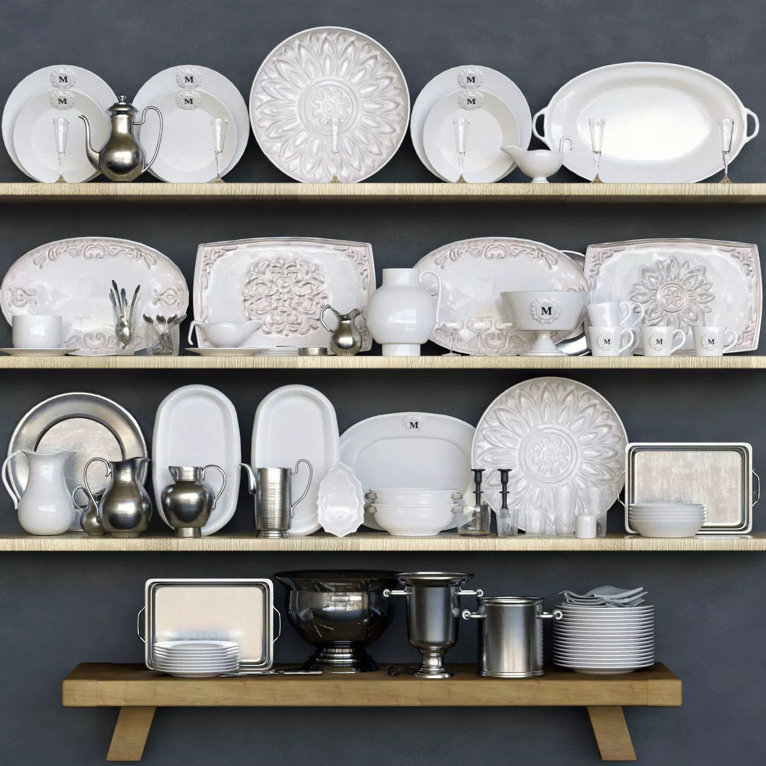 Service dishes on shelf 3D model_0