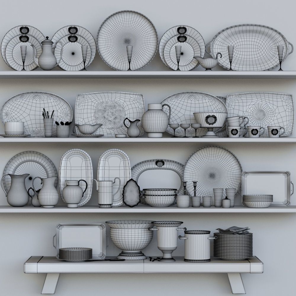 Service dishes on shelf 3D model_1