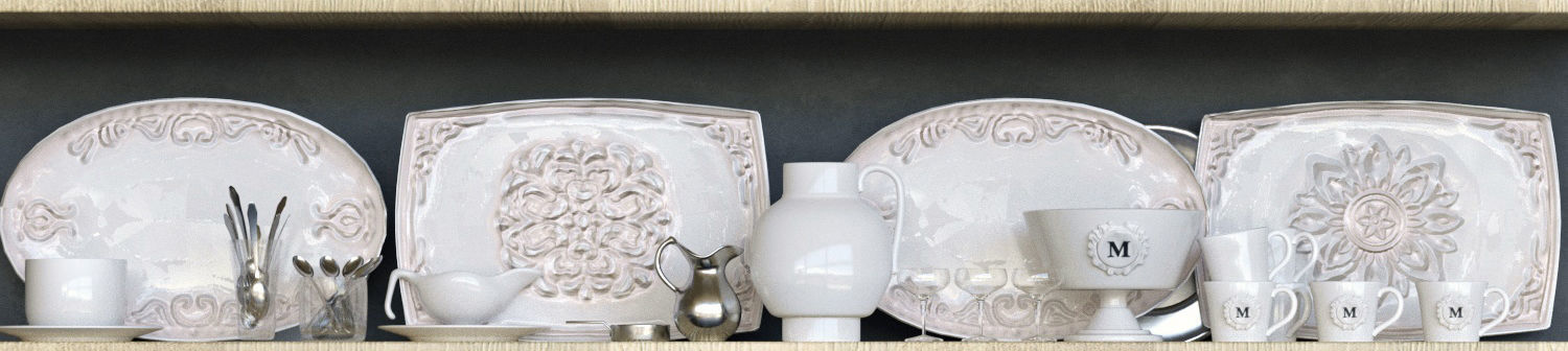 Service dishes on shelf 3D model_4