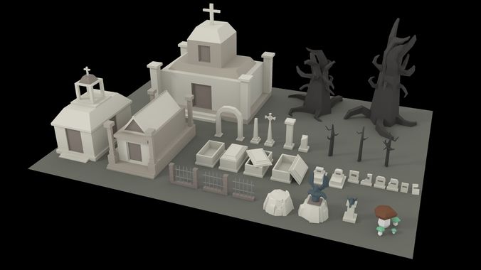 Low poly fantasy graveyard asset pack Low-poly 3D model