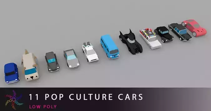 11 pop culture cars Low-poly 3D model