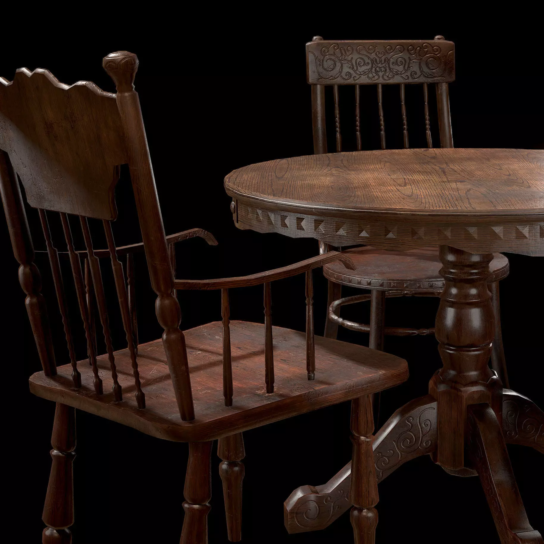 Old Wooden Table And Chairs Free low-poly 3D model