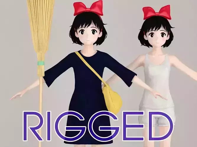 T pose rigged model of Kiki anime girl 3D model