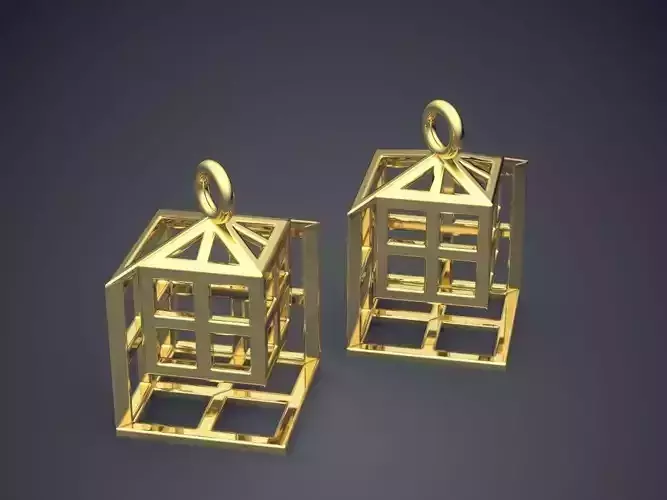 Cube Carved Detailed Golden Earrings