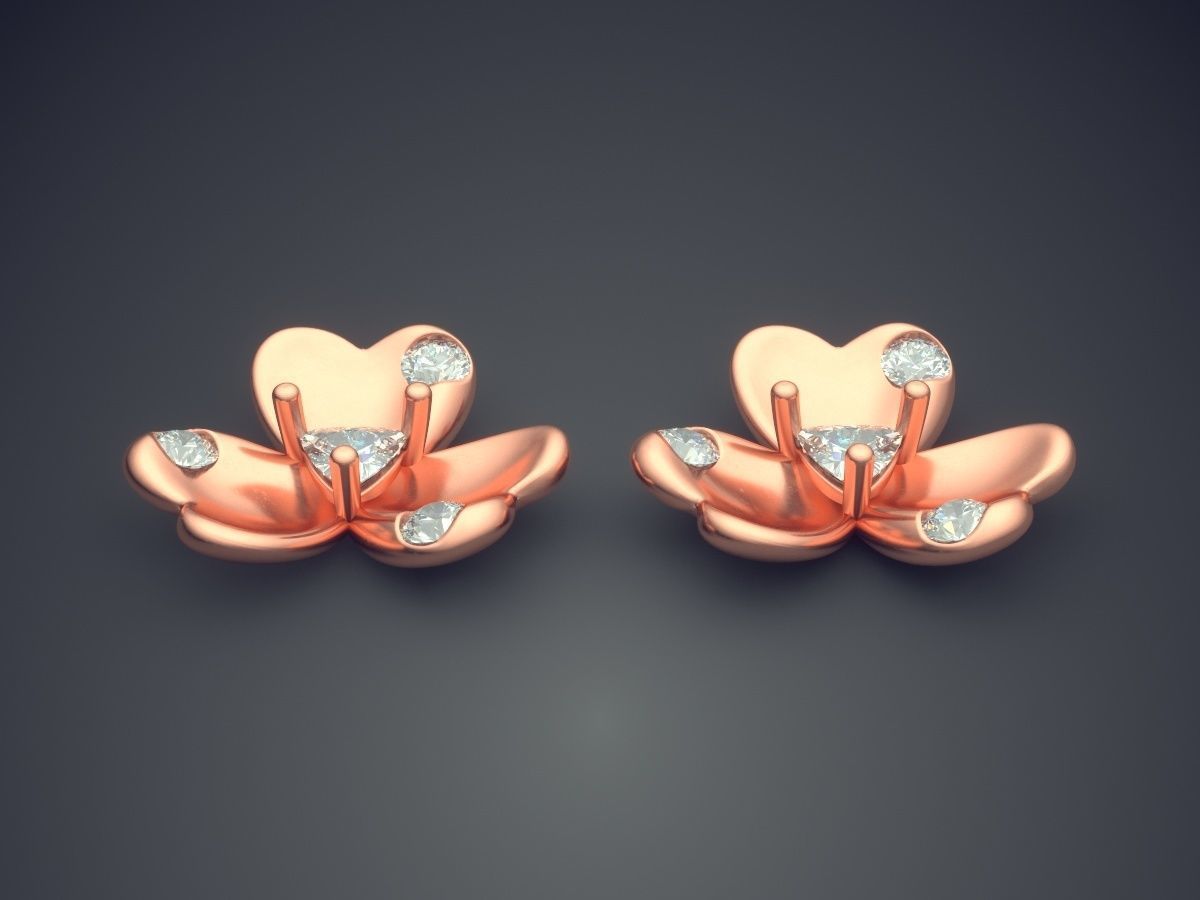 Cute Simple Minimal Flower Motif Earrings With Diamonds 3D print model_2