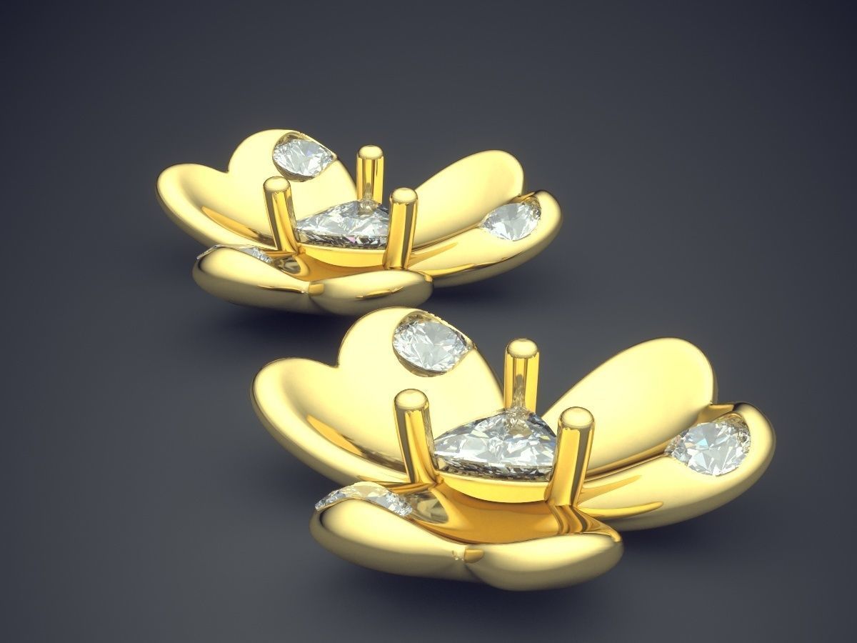 Cute Simple Minimal Flower Motif Earrings With Diamonds 3D print model_3