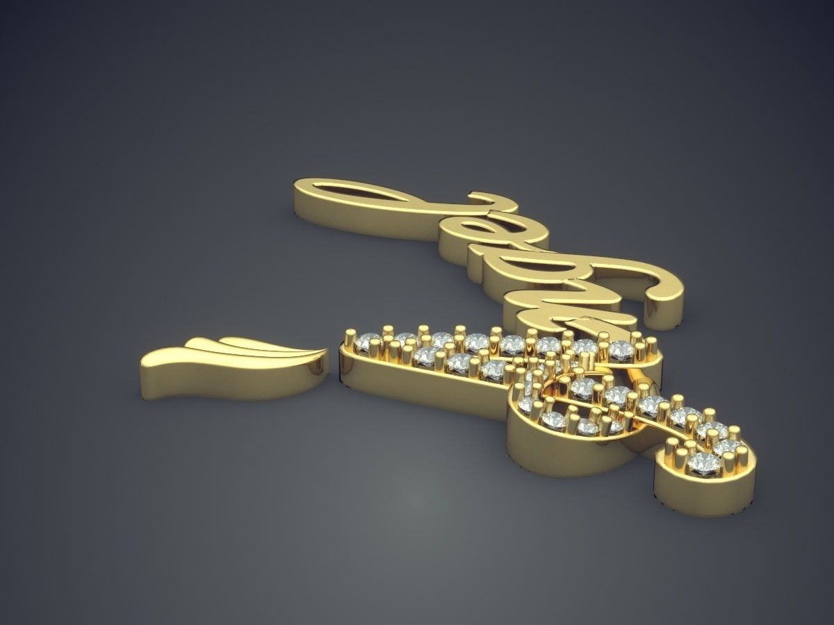 Simple Textured and Diamond-Detailed ANGEL Pendant 3D print model_3