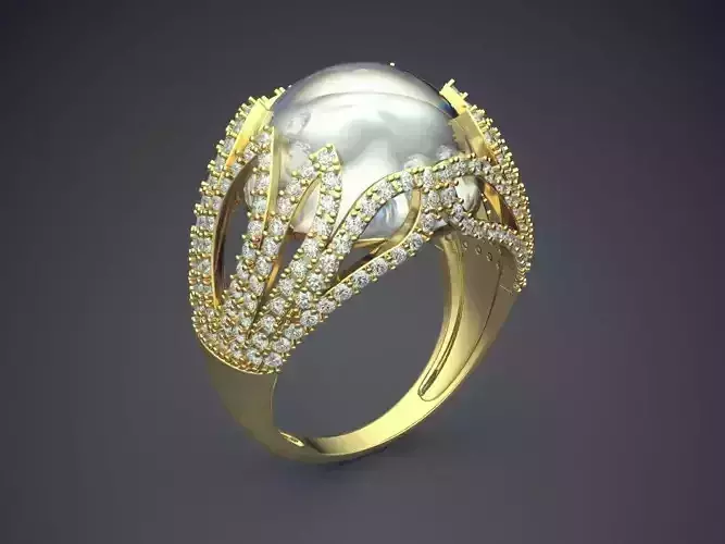 Fancy Golden Engagement Ring With Pearl and Diamonds on the Rim