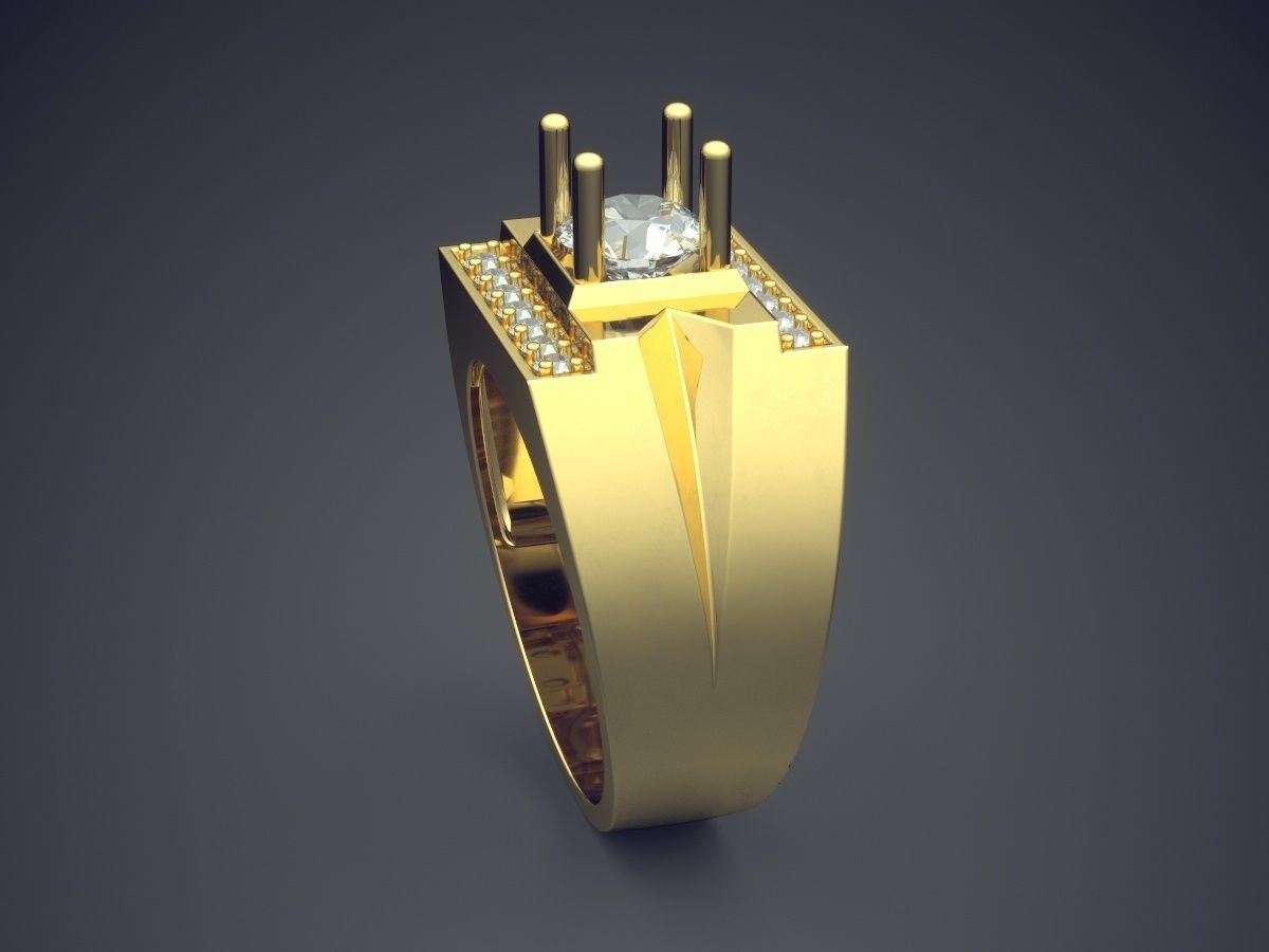 Unique Masculine Thick Diamond Ring with Carving 3D print model_3