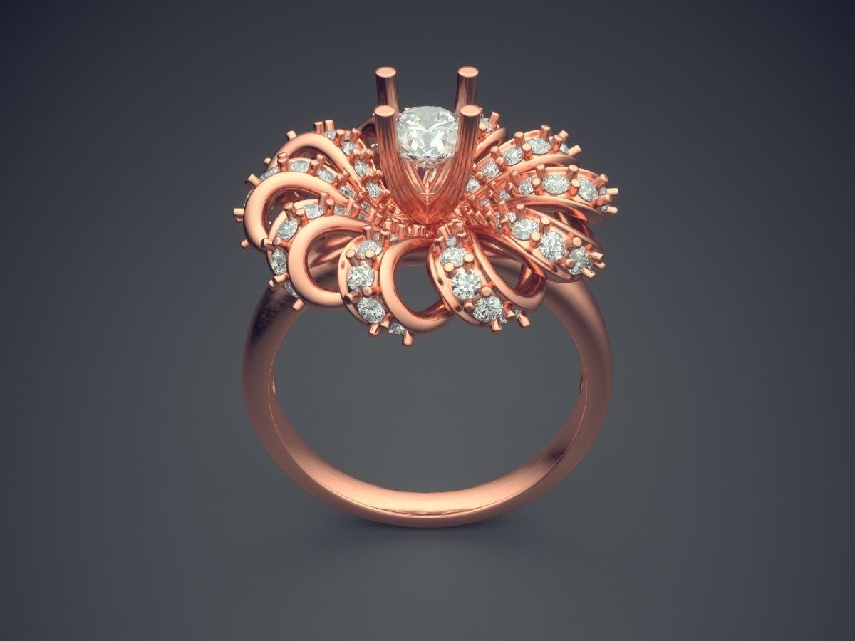 Magnificent Unique Flower-Shaped Ring With Diamonds 3D print model_2