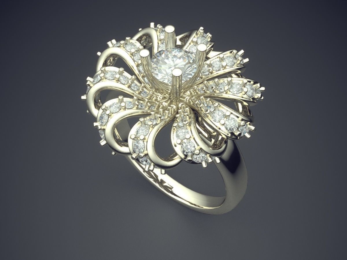 Magnificent Unique Flower-Shaped Ring With Diamonds 3D print model_1