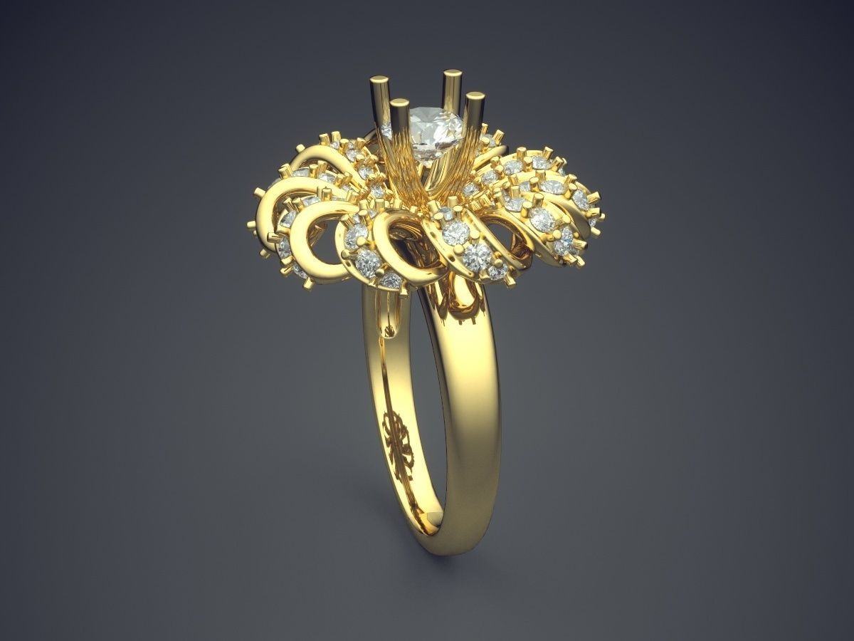 Magnificent Unique Flower-Shaped Ring With Diamonds 3D print model_3