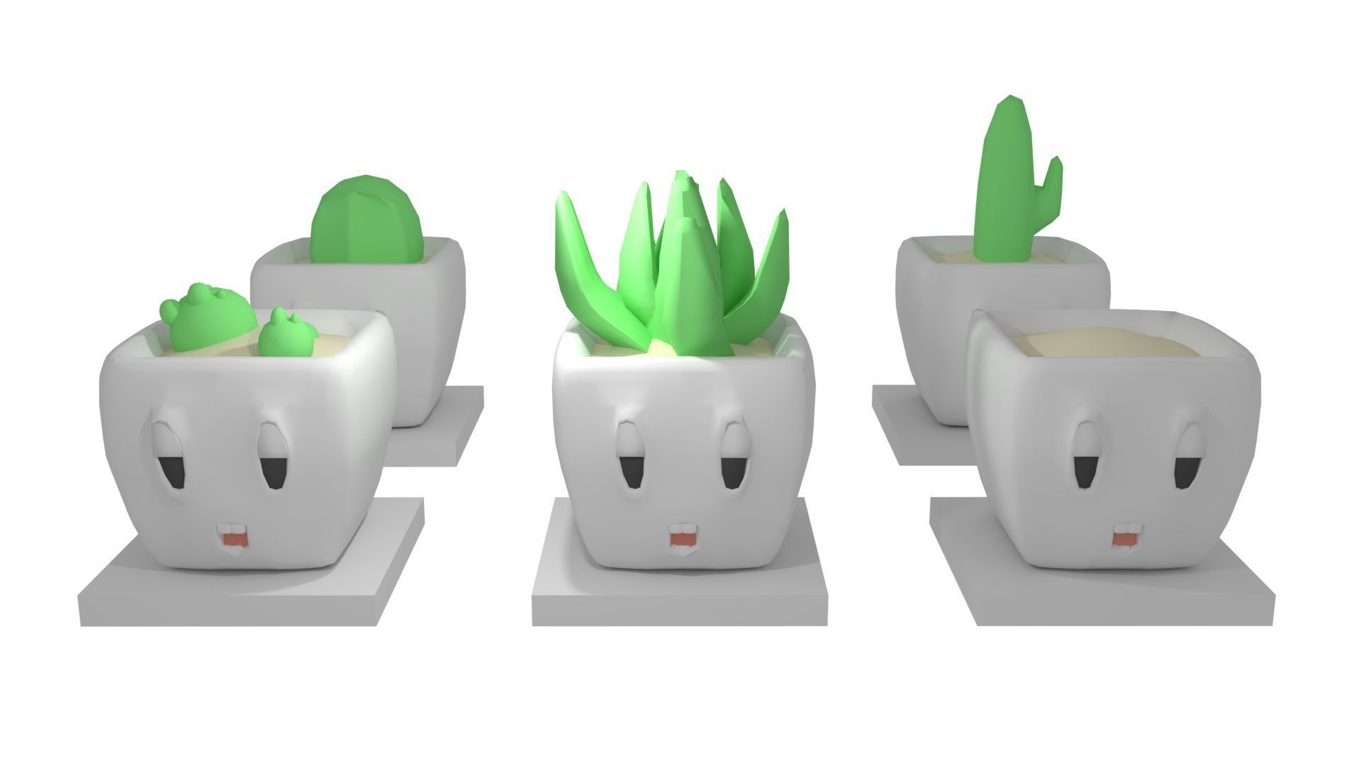 Planties set potted plant with smiley face Low-poly 3D model_10