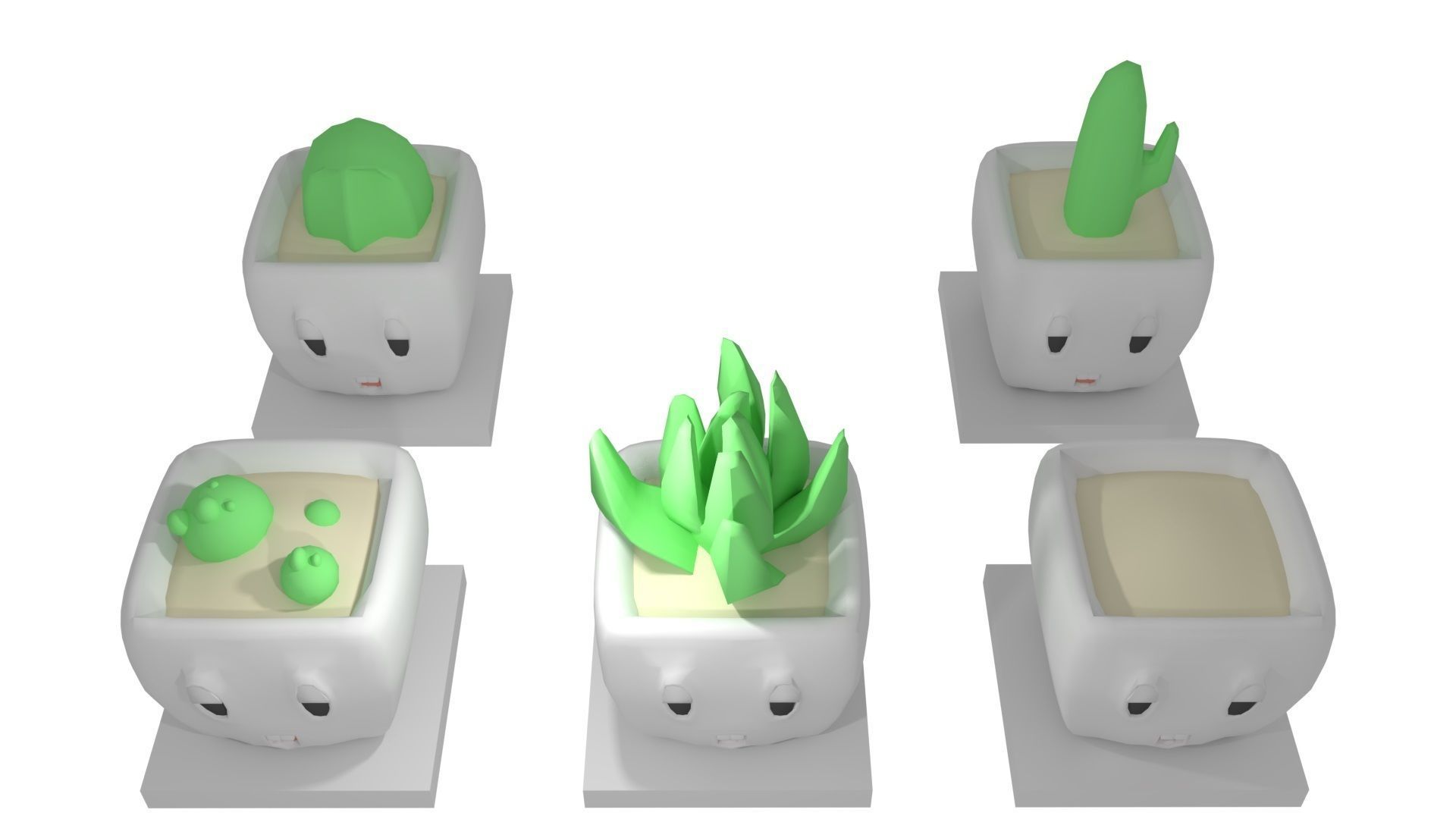 Planties set potted plant with smiley face Low-poly 3D model_9