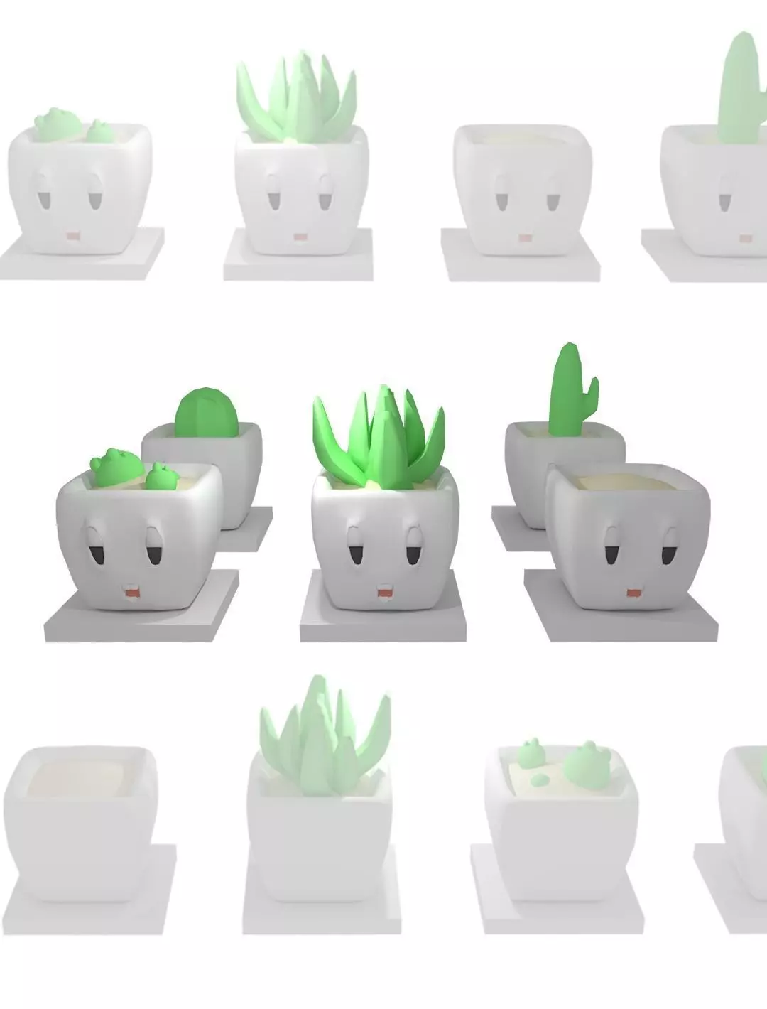 Planties set potted plant with smiley face Low-poly 3D model_0