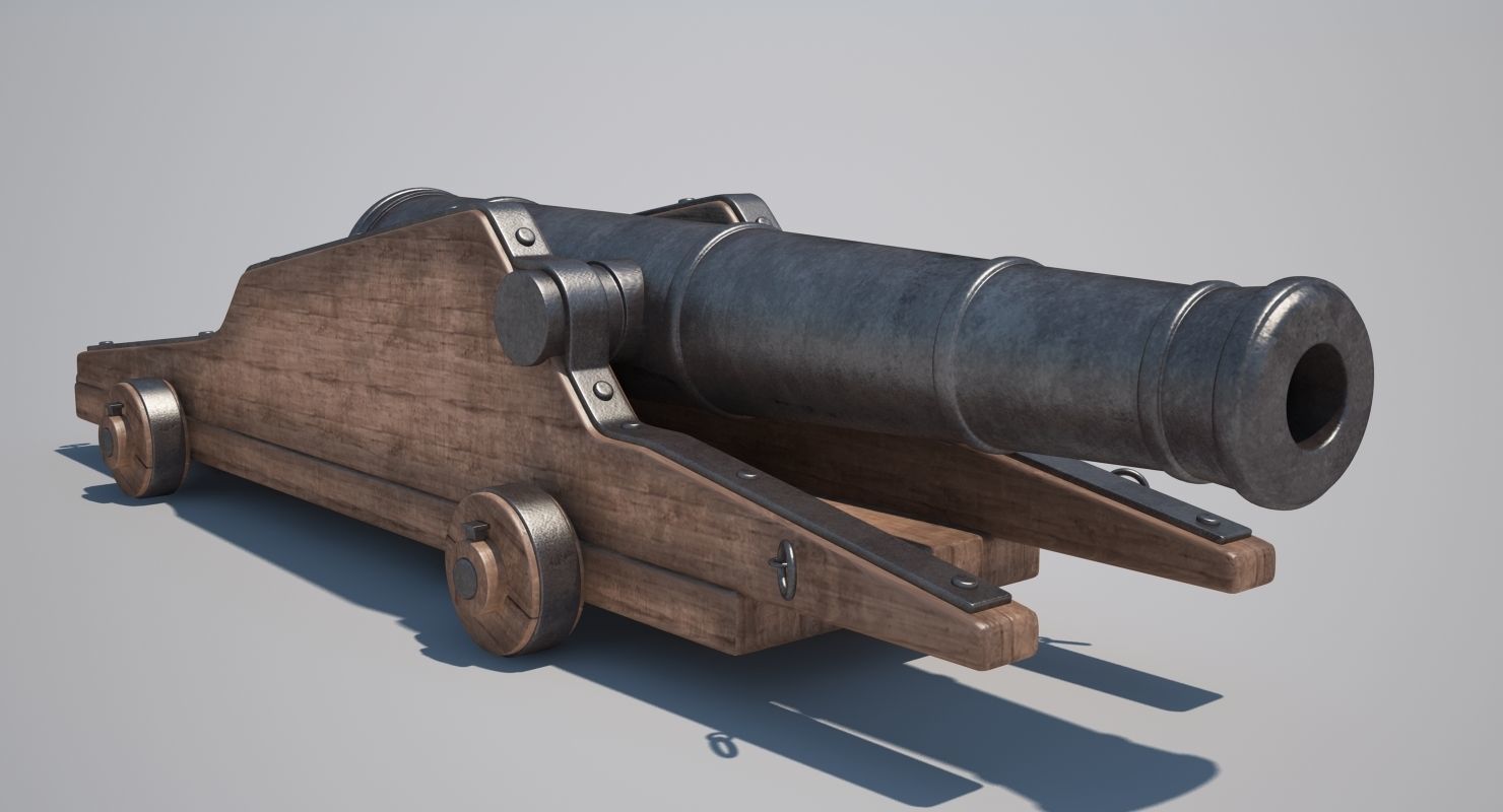Cannons Set cannon on wooden platform 3D model_8
