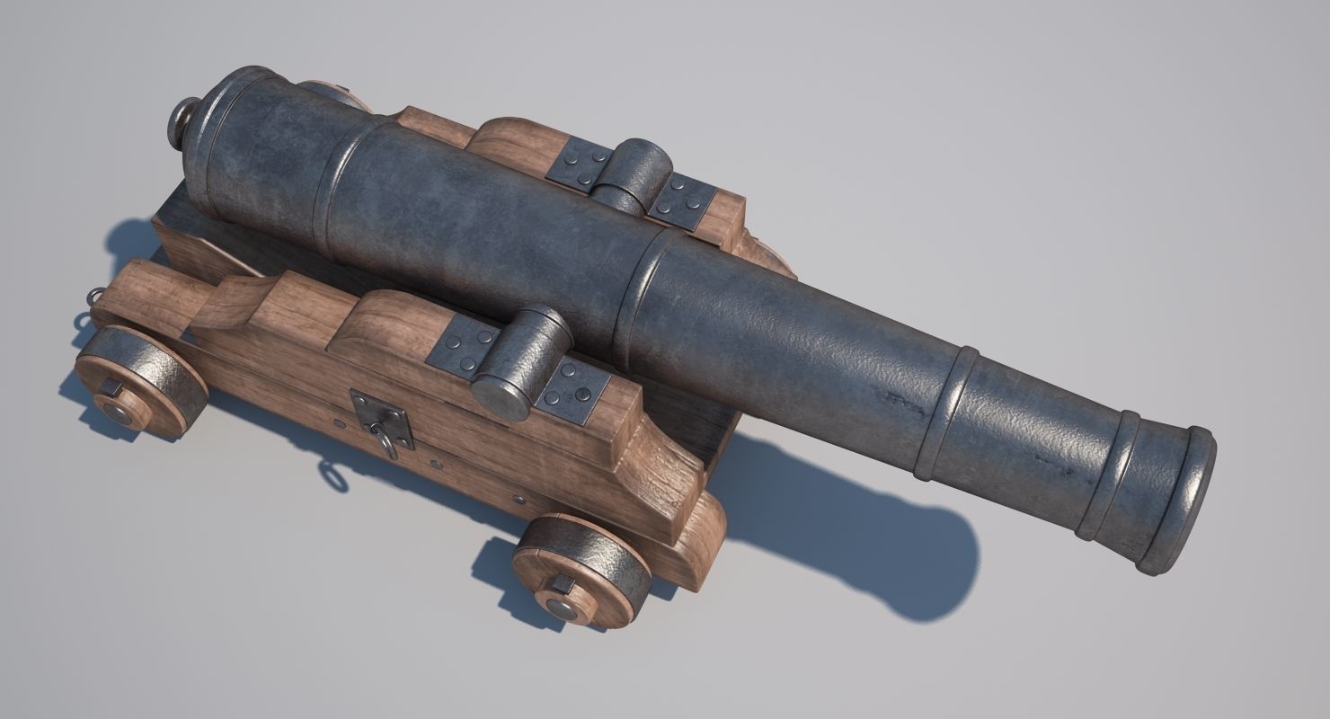 Cannons Set cannon on wooden platform 3D model_1