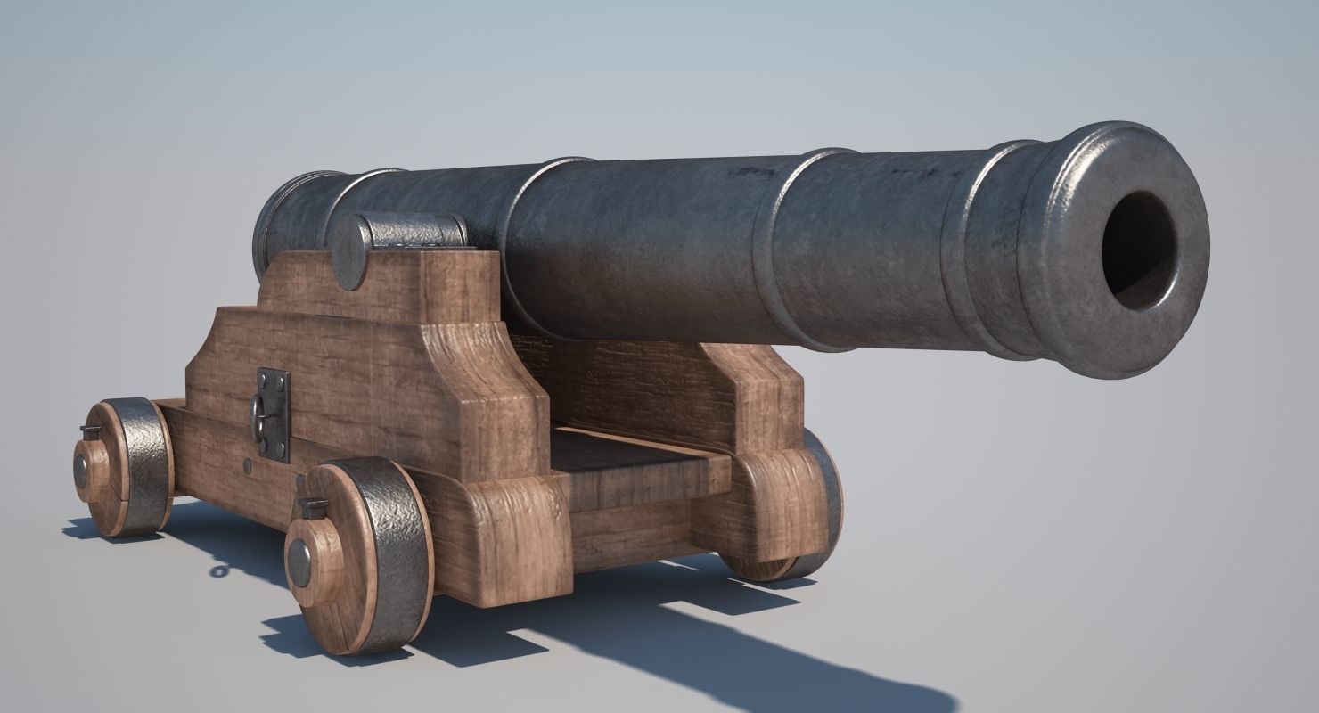 Cannons Set cannon on wooden platform 3D model_4
