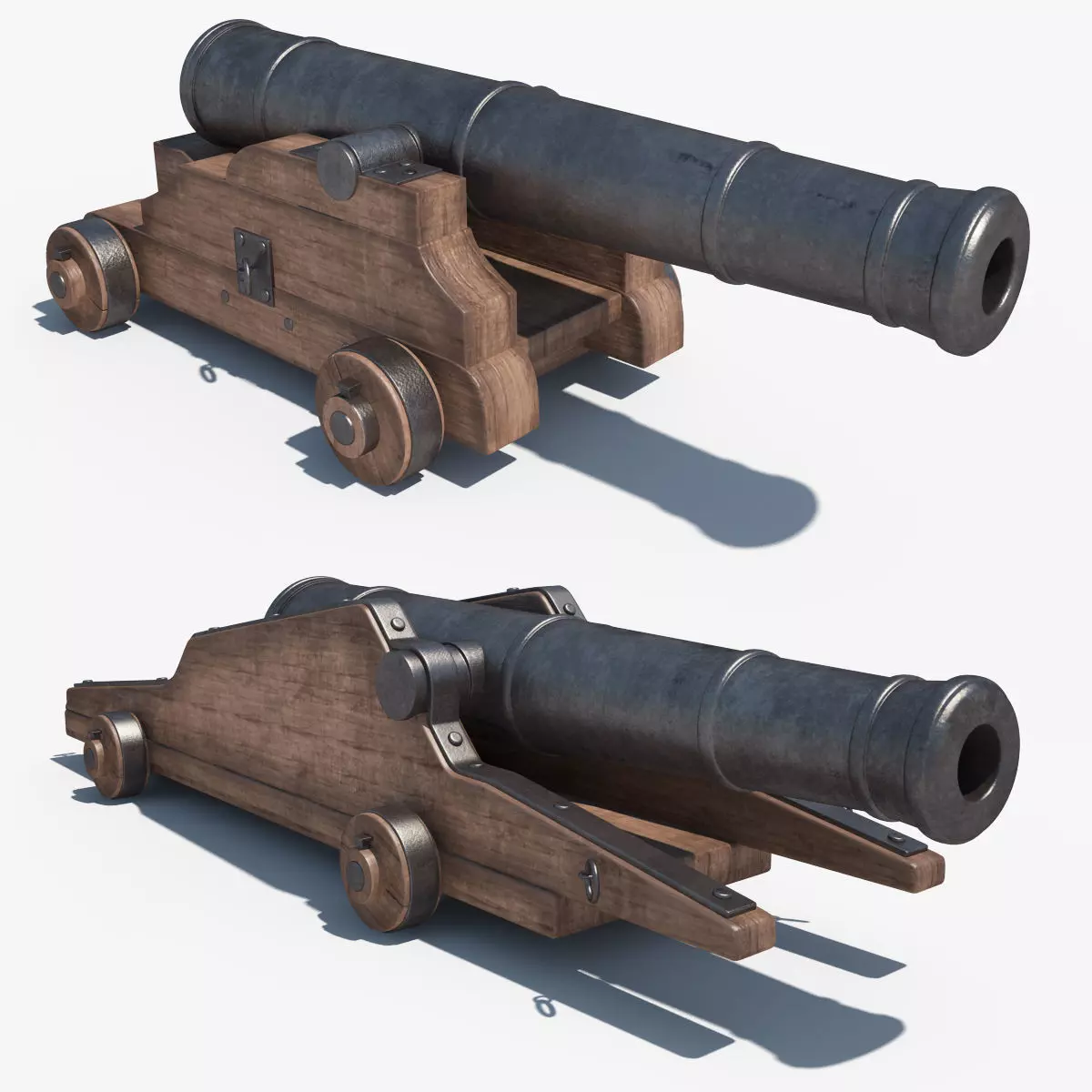 Cannons Set cannon on wooden platform 3D model_0