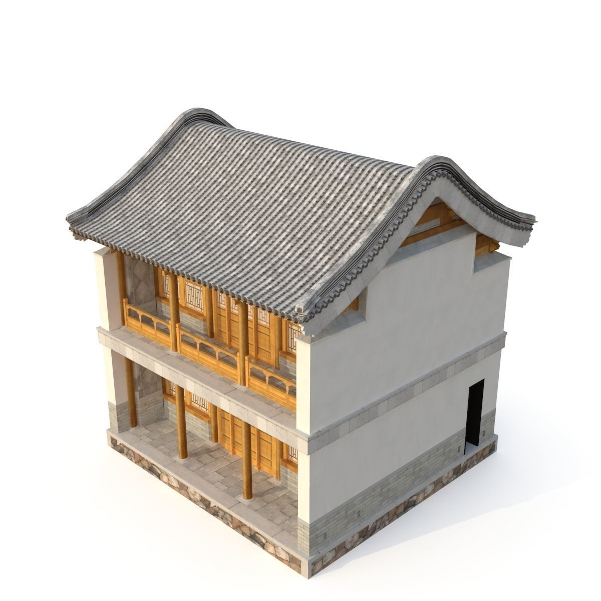 3D Chinese Two storey building Low-poly 3D model_4