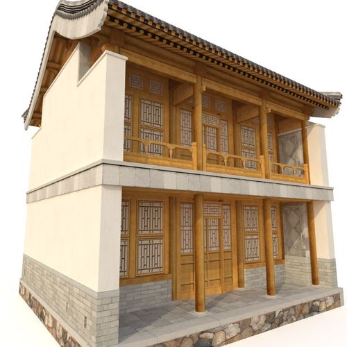 3D Chinese Two storey building Low-poly 3D model