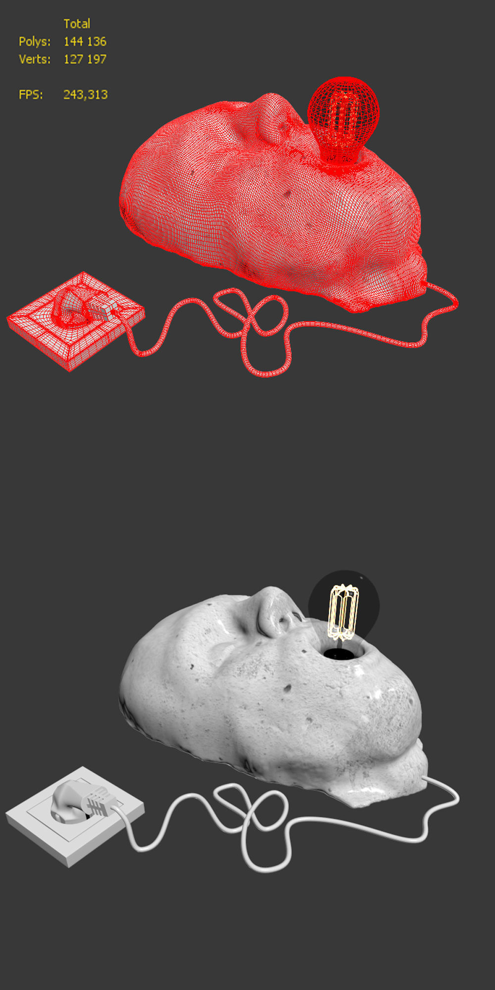 White-Head lamp with light bulb in shape of skull 3D model_2