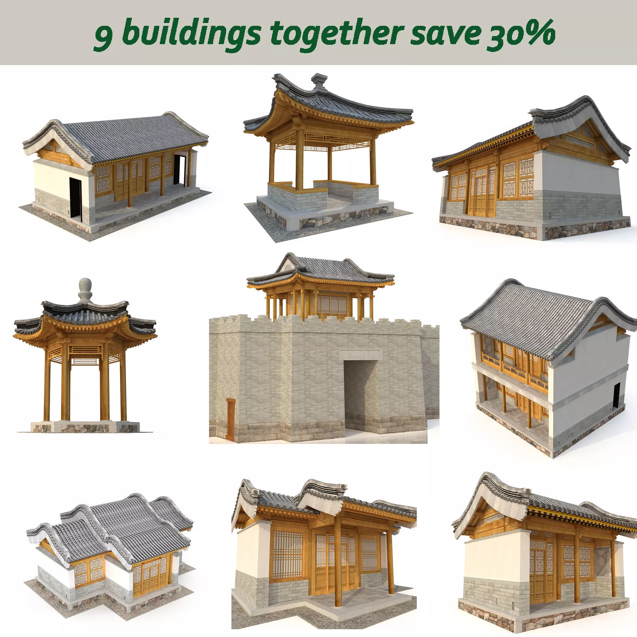 3D Chinese ancient architecture nine in one Low-poly 3D model_0