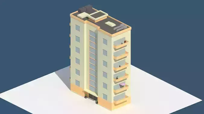 Low Poly Aparment 2 tall building with balconies Low-poly 3D model