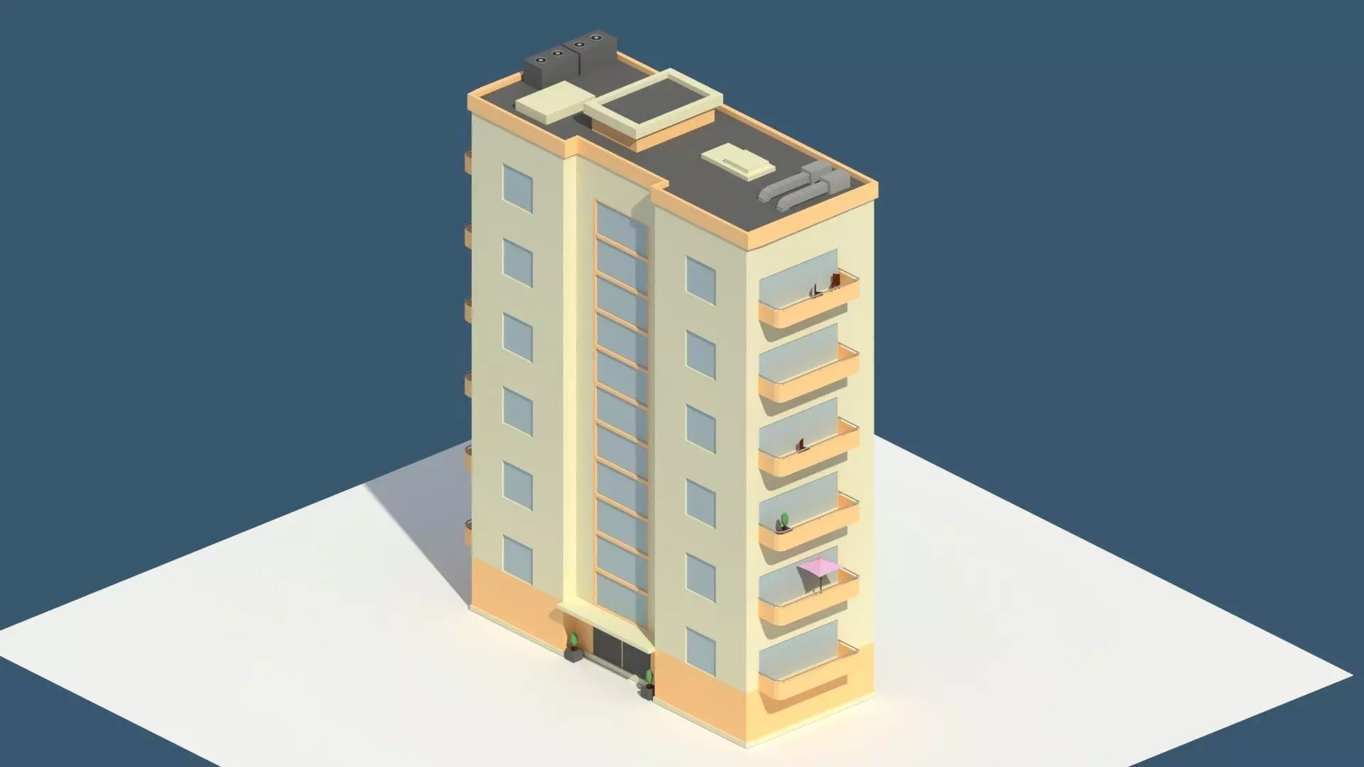 Low Poly Aparment 2 tall building with balconies Low-poly 3D model_0
