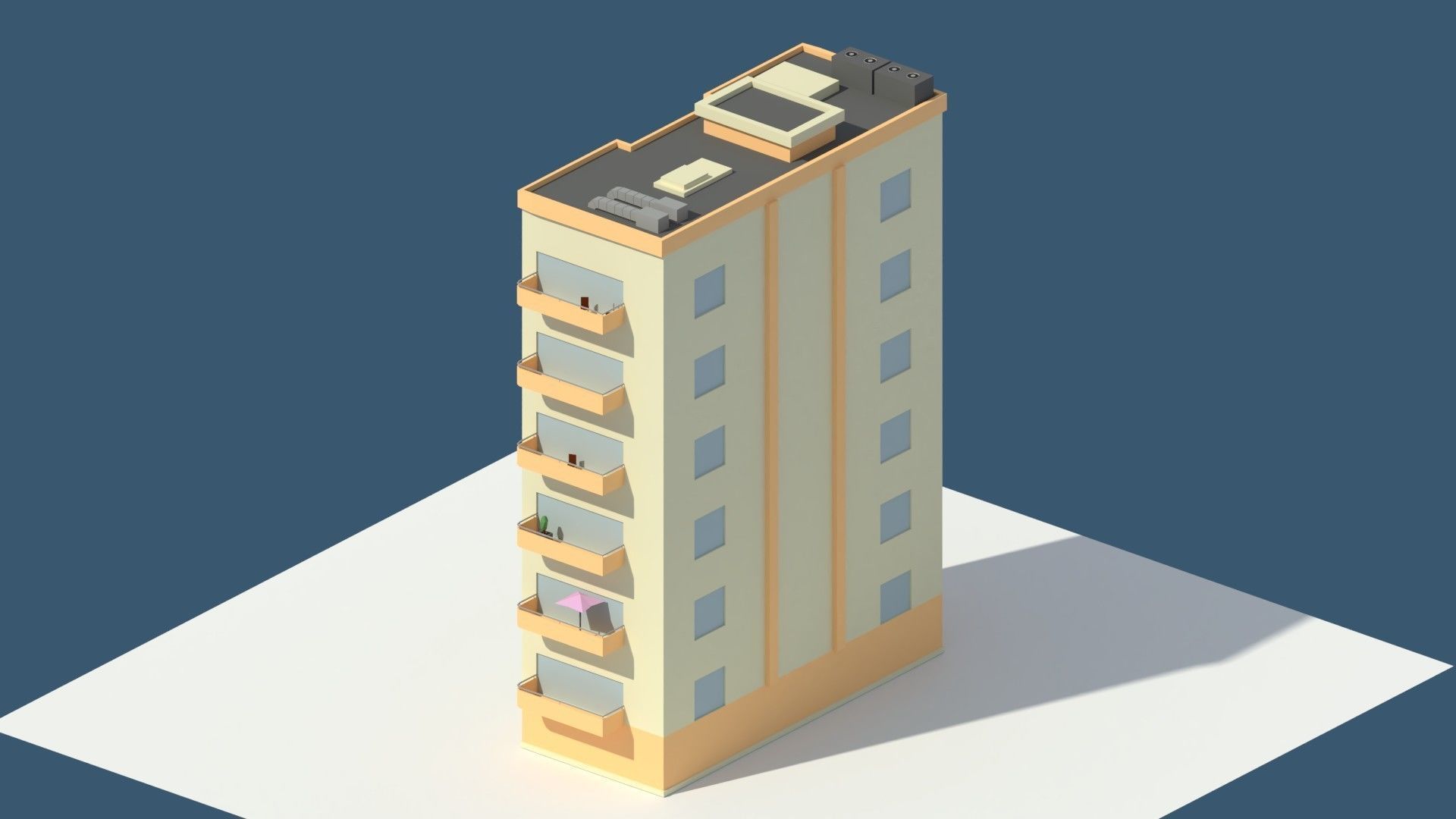 Low Poly Aparment 2 tall building with balconies Low-poly 3D model_1