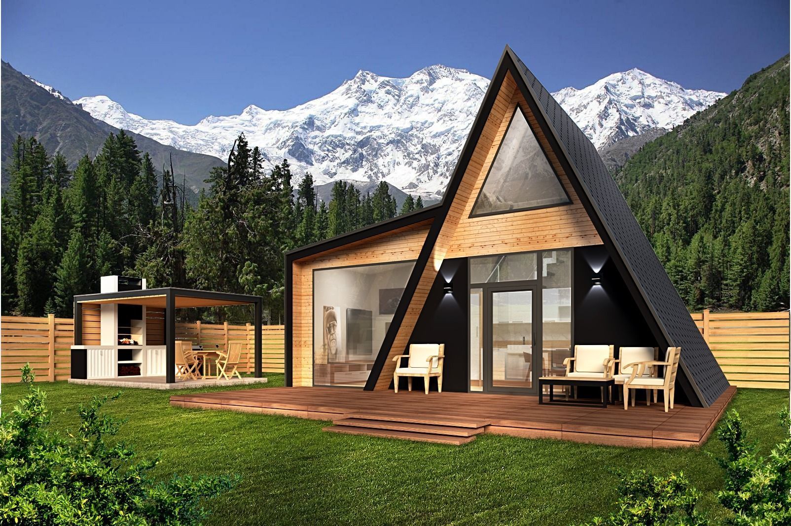 A-frame cabin and outdoor kitchen furniture 3D model Low-poly 3D model_1